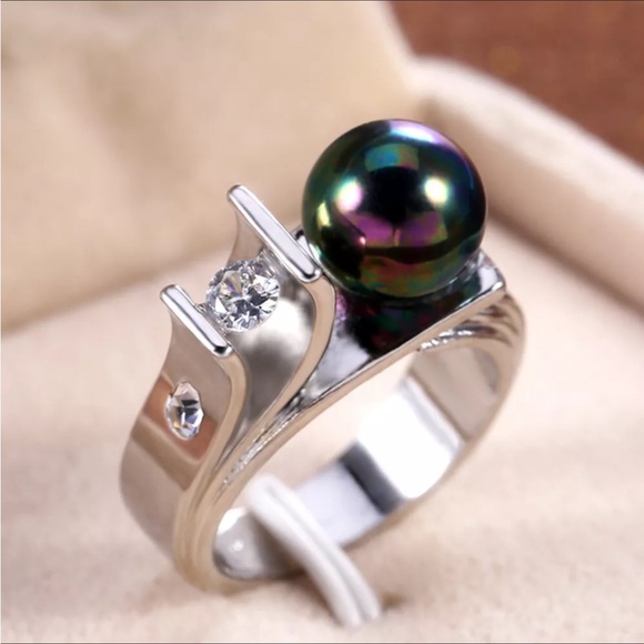 💋Gorgeous Sterling Silver Lux Black Rainbow Iridescent Tahitan Pearl & CZ ring - Picture 6 of 17